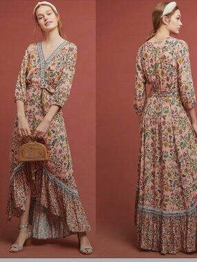 FARM Rio x Anthropologie Clara Pink Floral Wrap Maxi Dress Size S | Boho Chic